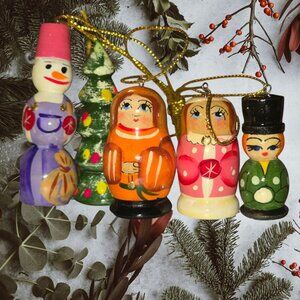Hand-Painted Wooden Russian Christmas Ornaments Set Of 5 With Snowman Tree & Rus
